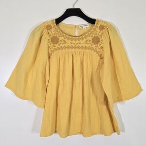 Roller Rabbit Flowy Yellow Embroidered Top Blouse XS